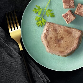Une tranche de nourriture pour animaux sur une assiette vert clair, accompagnée d'une branche de persil et de petits cubes de la même nourriture, avec une fourchette dorée à proximité.