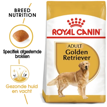 Royal Canin Adult Golden Retriever hondenvoer zak met een afbeelding van een golden retriever, met nadruk op ras-specifieke voeding voor een gezonde huid en vacht.
