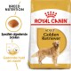 Royal Canin Adult Golden Retriever hondenvoer zak met een afbeelding van een golden retriever, met nadruk op ras-specifieke voeding voor een gezonde huid en vacht.