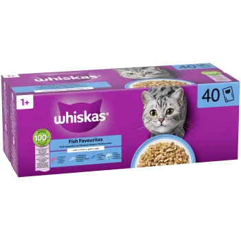 Lilafarbene Whiskas-Katzenfutterbox (40) mit grauem Katzenfoto, Whiskas-Logo, Aufschrift 'Fish Favourites' und 100%-Zutaten-Siegel.