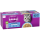Fioletowe pudełko karmy Whiskas (40) ze zdjęciem szarego kota, logo "whiskas", etykietą "Fish Favourites" i odznaką "100% składników".