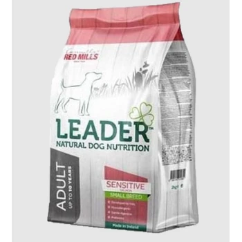 Bag of Leader Natural Dog Nutrition for small breed adults, sensitive formula, made in Ireland, featuring a dog silhouette and key benefits.
