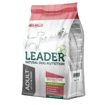 Bag of Leader Natural Dog Nutrition for small breed adults, sensitive formula, made in Ireland, featuring a dog silhouette and key benefits.