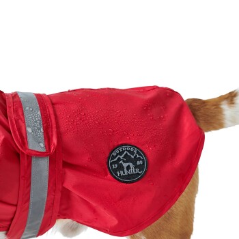 Eine Nahaufnahme eines Hundes, der einen roten wasserdichten Mantel mit reflektierenden Streifen trägt, mit einem schwarzen runden Logo, das 'OUTDOOR HUNTER 1980' liest.