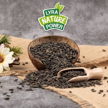 Eine Holzschüssel mit schwarzen Sonnenblumenkernen, einige auf Jute verschüttet, mit einer Schaufel daneben und dem Logo "LYRA NATURE POWER" darüber.