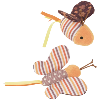 Two striped orange, brown and cream plush butterfly cat toys with ribbon tails and knotted antennae