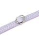Nahaufnahme eines gewebten Haustierhalsbands in Lavendel und Hellblau mit einem silbernen D-Ring aus Metall zur Leinenbefestigung.