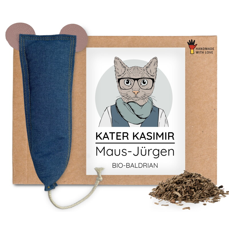 Kater Kasimir MAUS-JÜRGEN - XXL Spielmaus, handgemacht aus robustem Jeans-Stoff und Leder Ohren (Baldrian)
