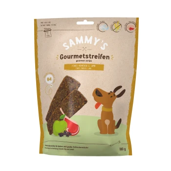 SAMMY'S Gourmetstreifen Hunde-Leckerlis Beutel — zartes Huhn & Lamm, illustrierter Hund, zwei Trockenfleischstreifen, Apfel und Fleisch, 180 g