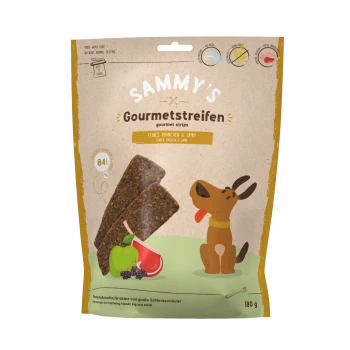 SAMMY'S Gourmetstreifen Hunde-Leckerlis Beutel — zartes Huhn & Lamm, illustrierter Hund, zwei Trockenfleischstreifen, Apfel und Fleisch, 180 g