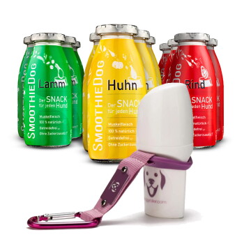 Vier bunte Flaschen von SmoothieDog Snacks für Hunde mit den Bezeichnungen "Huhn", "Lamm" und "Rind", neben einem weißen Haustierroller mit einem rosa Riemen.