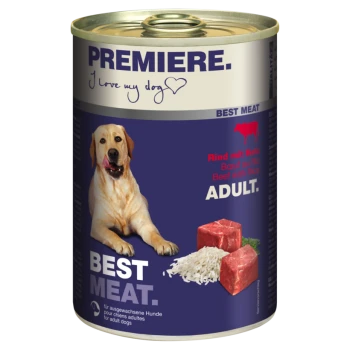 Dosen-Hundefutter mit der Aufschrift "Premiere" mit einem Hundepfoten-Motiv und Rindfleischstücken mit Reis, gekennzeichnet mit "Bestes Fleisch" und "Erwachsene."