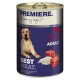 Nourriture pour chien en conserve étiquetée "Premiere" avec une empreinte de patte de chien et des morceaux de bœuf avec du riz, marquée "Meat Best" et "Adult".