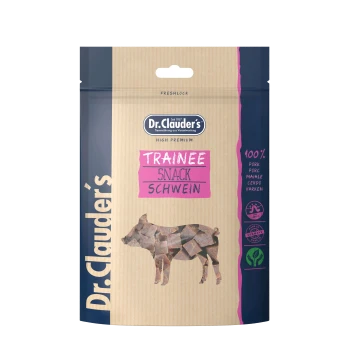Hochwertige Haustiersnackverpackung mit 'Dr. Clauder's Trainee Snack Schwein', hergestellt aus 100% Schweinefleisch, mit einem Schweine-Silhouette-Design.