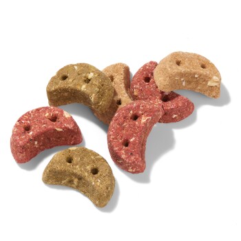 Ein Haufen von mondförmigen Haustierleckerlis in verschiedenen Farben, einschließlich Rot, Braun und Grün, mit sichtbaren Löchern in jedem Stück.