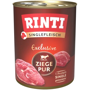 Rinti Exclusive ZIEGE PUR Dosenhaustierfutter mit Ziegenfleisch, als Einzelprotein und getreidefrei gekennzeichnet, mit sichtbaren Fleischstücken auf der Dose.