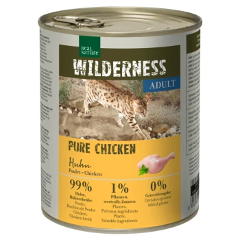 WILDERNESS Adult Pure Chicken 6x800 g Karma w puszce dla kotów oznaczona "Wilderness Adult Pure Chicken", z serwalem na etykiecie, zawierająca 99% kurczaka, 1% roślin i 0% dodanych zbóż.