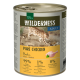 Dosenkatzenfutter mit der Aufschrift "Wilderness Adult Pure Chicken", mit einer Serval-Katze auf dem Etikett, mit 99% Huhn, 1% Pflanzen und 0% zugesetzten Körnern.