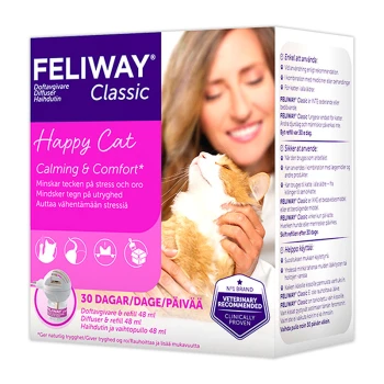 FELIWAY Classic Happy Cat Beruhigungsdiffusor-Box, mit einer gehaltenen Katze, mit Text, der Stressabbau und Komfort hervorhebt. 30-Tage-Vorrat.