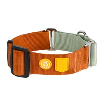 Halsband Color Block Martingale Terracotta Mix S Ein orange-grüner verstellbarer Haustierhalsband mit einer schwarzen Schnalle, einem Metall-D-Ring und Etiketten für Recycling und "WOOLLY WOLF."