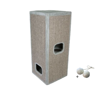 Katzenkratzbaum mit zwei Öffnungen, bedeckt mit beigem Stoff, begleitet von zwei Seilbällen zum Spielen.