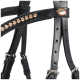 Schwarzes Leder-Haustiergeschirr, verziert mit funkelnden Strasssteinen, mit verstellbaren Riemen und einem markierten Metallsymbol.