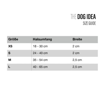 Größentabelle für Hundehalsbänder, die die Größen XS bis L mit Halsumfang und Breitenmessungen in Zentimetern auflistet.