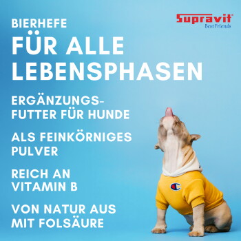 Supravit Best Friends-Etikett zeigt einen runden Haufen Bierhefepulver und den sichtbaren Text 'BIERHEFE für Hunde'.