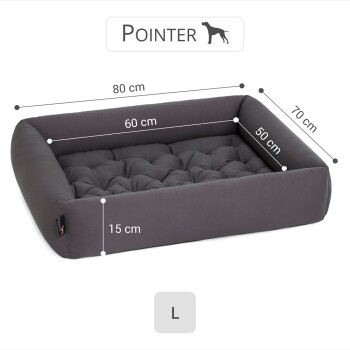 Hundebett in Dunkelgrau mit abgebildeten Abmessungen: 80 cm Länge, 60 cm Breite, 50 cm Höhe und 15 cm Polsterdicke. Größe L.
