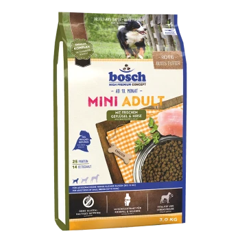Bosch Mini Adult Hundefutter Tasche, 3,0 kg, mit frischem Geflügel und Hirse, mit 25% Protein und 14% Fett, geeignet für kleine Rassen.