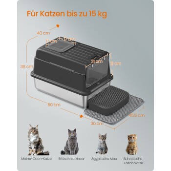 Geschlossene Katzentoilette mit Stufe und Matte, orangefarbene Maße (60 cm, 40 cm, 31×21 cm, 17×17 cm) und Text 'Für Katzen bis zu 15 kg'.