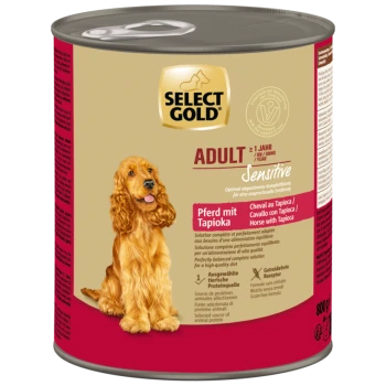 Dose Select Gold Adult Sensitive Hundefutter, Pferd mit Tapiokageschmack, getreidefrei, 800g, mit Bild eines goldenen Cocker Spaniels.