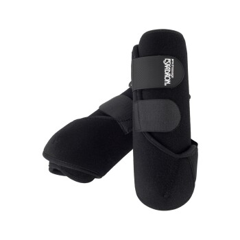 Schwarze Pferdebeinschoner mit verstellbaren Riemen, mit dem Eskadron-Logo, entworfen für Schutz und Unterstützung während der Aktivitäten.