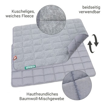 Grau gepolsterte Tiermatte mit weichem Fleece, wendbarem Design und Text: "Kuscheliges, weiches Fleece" und "Hautfreundliches Baumwoll-Mischgewebe."