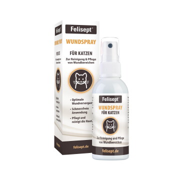 Felisept Wundspray für Katzen, Flasche und Verpackung, Aufschrift 'WUNDSPRAY FÜR KATZEN', Katzen-Symbol und felisept.de.