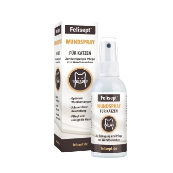 Felisept Wundspray für Katzen, Flasche und Verpackung, Aufschrift 'WUNDSPRAY FÜR KATZEN', Katzen-Symbol und felisept.de.