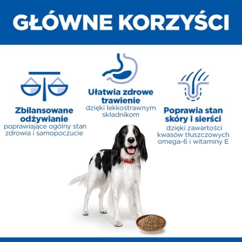 GŁÓWNE KORZYŚCI: czarnobiały pies przy misce z suchą karmą, ikony i polski tekst dotyczący żywienia, trawienia, skóry i sierści.