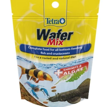 Tetra Wafer Mix pet food package, featuring colorful fish illustrations, labeled as complete food for bottom-feeding fish and crustaceans.