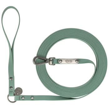 Eine grüne Gummihundeleine, ordentlich aufgerollt, mit einem Metallclip und einem silbernen Anhänger mit dem eingravierten Markennamen 'Trixie'.