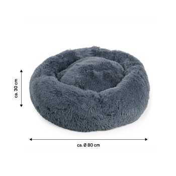 Runder, plüschiger Hundebett in Dunkelgrau, mit einer Höhe von etwa 30 cm und einem Durchmesser von 80 cm.
