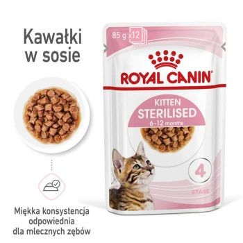 Torebka z jedzeniem dla kociąt Royal Canin oznaczona "Sterilised 6-12 miesięcy", z wizerunkiem kociaka, obok miski z jedzeniem.