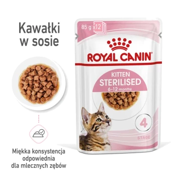 Torebka z jedzeniem dla kociąt Royal Canin oznaczona "Sterilised 6-12 miesięcy", z wizerunkiem kociaka, obok miski z jedzeniem.