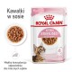 Torebka z jedzeniem dla kociąt Royal Canin oznaczona "Sterilised 6-12 miesięcy", z wizerunkiem kociaka, obok miski z jedzeniem.