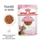 Torebka z jedzeniem dla kociąt Royal Canin oznaczona "Sterilised 6-12 miesięcy", z wizerunkiem kociaka, obok miski z jedzeniem.