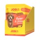 JosiDog Mini Adult Nassfutter für Hunde mit Rind und Gemüse in Sauce, 84 % Fleisch, gelbe und orange Verpackung mit Hundeabbildung.
