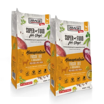 Dog Mono Adut Trockenfutter Ente 2x3 kg Zwei Taschen von MAC's Super Food für Hunde, die Monoprotein Frische Ente & Süßkartoffel enthalten, mit Nährwertangaben und einem 3 kg Inhaltslabel.