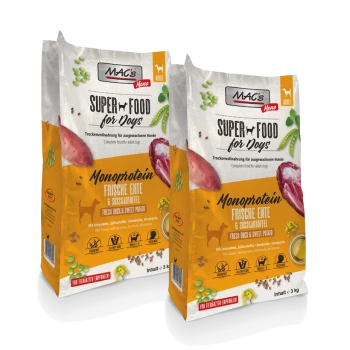Zwei Taschen von MAC's Super Food für Hunde, die Monoprotein Frische Ente & Süßkartoffel enthalten, mit Nährwertangaben und einem 3 kg Inhaltslabel.