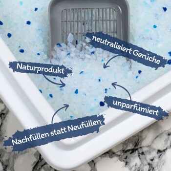 Nahaufnahme einer Katzenstreu-Box mit blauen und weißen Kristallen, beschriftet auf Deutsch: "Naturprodukt," "neutralisiert Gerüche," "unparfümiert," "Nachfüllen."