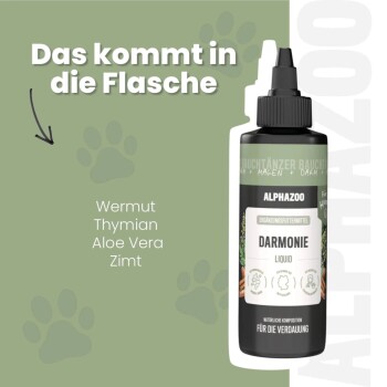 Flasche ALPHAZOO Force Haustierflüssigkeit für die Verdauungsgesundheit, die lokale Produktion und Vorteile für Verdauung und Immunität hervorhebt.