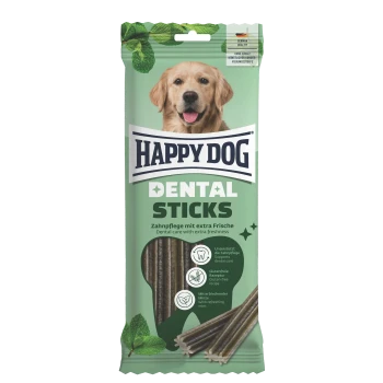 Grüne „HAPPY DOG DENTAL STICKS“-Packung mit Hundephoto, Minzblättern und dem Text „Zahnpflege mit extra Frische“.